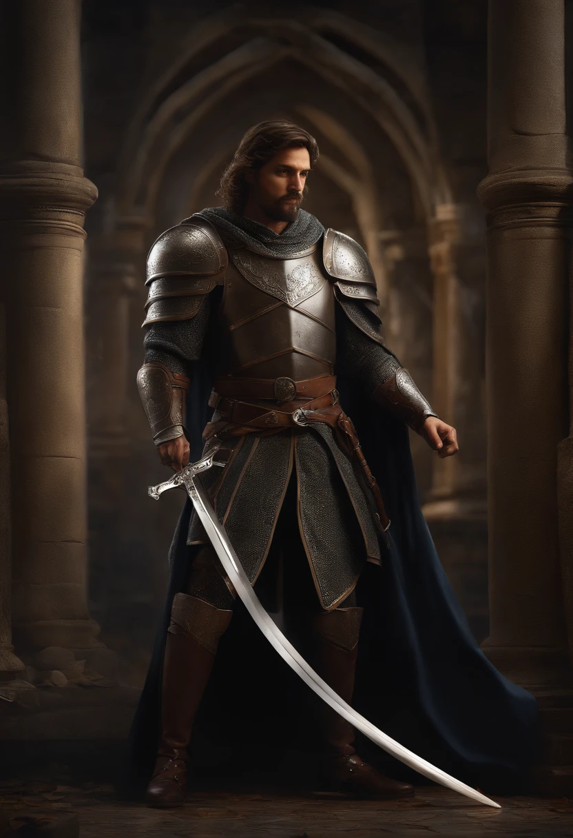 (8k unidade de papel de parede CG extremamente detalhado, obra-prima, best quality, ultra-detalhada), (((somente))), ((Tiro grande angular:1.5)), (A paladin with a legendary sword), (thematic background), medieval, Superb dinner, Escuro, ambiente estranho, (Almas Negras 3, ilustrador, (best illustration)