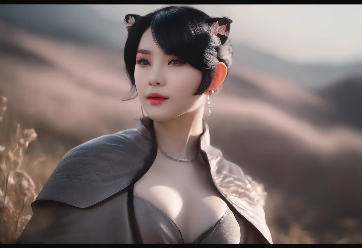 black hair, hair bobbles, wince, longeyelashes, solid circle eyes, fake animal ears, light smile, ear blush, fang, Surrealism, drop shadow, anaglyph, stereogram, tachi-e, pov, atmospheric perspective, 8k, super detail, ccurate, best quality