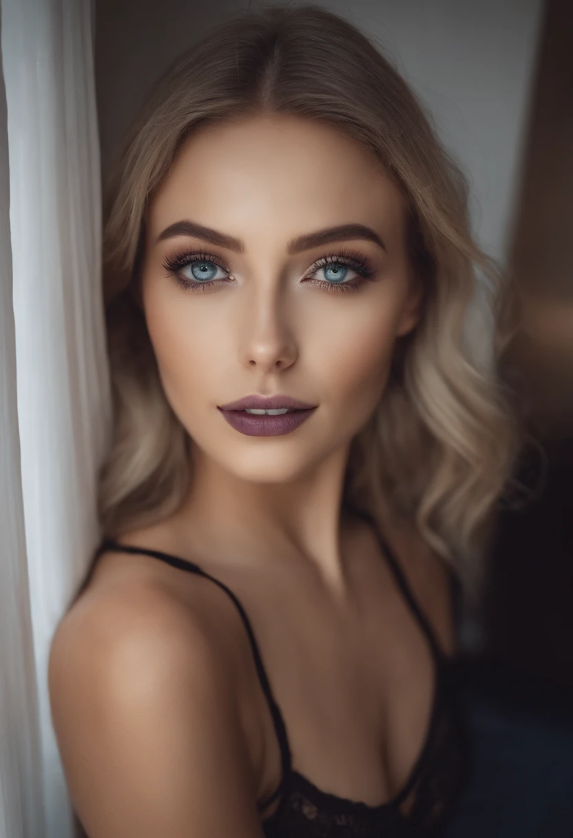 woman with matching tank top and panties, Sexy girl with blue eyes, portrait sophie mudd, portrait corinna kopf, blonde hair and large eyes, Selfie einer jungen Frau, Augen im Schlafzimmer, Violet Myers, ohne Make-up, Natural makeup, Blick direkt in die Kamera, Gesicht mit Artgram, dezentes Make-up, Stunning full body shot, im Schlafzimmer, Spaltung