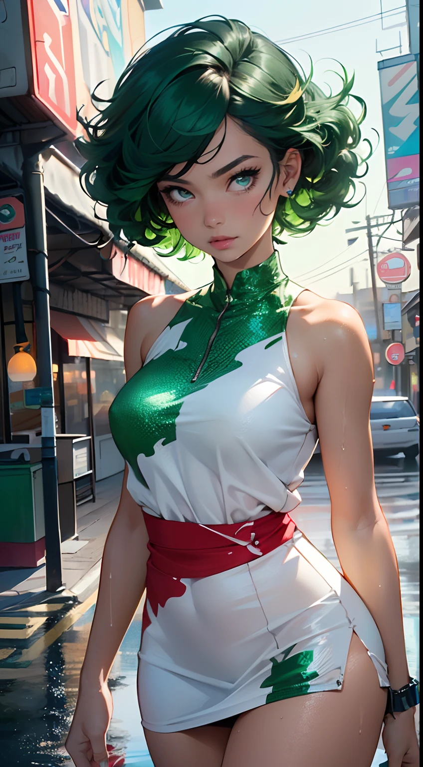 girl youtuber,(((1girl))),((extremely cute and beautiful green curly-haired girl)),

(short breasts:1.4),(((green curly hair:1.35,very curly hair,colored inner hair,ear breathing,short hair))),(((eyes green:1.3))),intricate eyes,beautiful detailed eyes,symmetrical eyes,big eyes:1.3,((fat)),(((lustrous skin:1.5,bright skin: 1.5,skin tanned,shiny skin,very shiny skin,shiny body,plastic glitter skin,exaggerated shiny skin,illuminated skin,wet legs))),detailed body,(detailed face),

cute,slutty,seductive,erotic,(((nsfw))),

zettai ryouiki,revealing clothing,show skin,((rave mini-skirt,visible thong straps,white loose tank top with an pop art print)),((wet clothes,intricate outfit,intricate clothes)),

(dynamic pose:1.0),embarrassed,(centered,scale to fit dimensions,Rule of thirds),

cyberpunk city by the ocean at night, with bright neon signs and dark stormy clouds and puddles, scenery:1.25,

artistic photography,(photography taken by sldr),highres, sharp focus, (ultra detailed, extremely detailed), (photorealistic artwork:1.37),(extremely detailed CG unity 8k wallpaper),((synthwave background theme)),(((vibrant colors))),(intricate background),(masterpiece),(best quality),