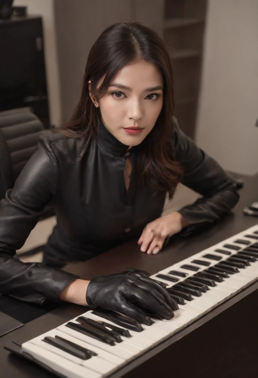 Wearing black leather gloves in both hands, upper body, black business suit, facing the desk in my room with a computer in the dark, tapping the keys of the computer keyboard with the fingertips of black leather gloves while looking at the screen, black hair bundled in the back for a long time, Japanese female new employee (black leather gloves cover both hands) (angle is in the front)