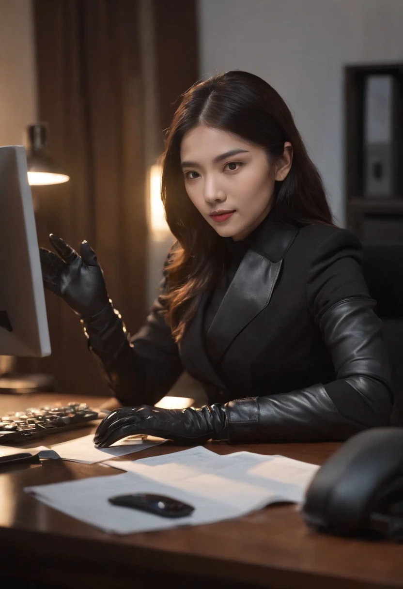 Wearing black leather gloves in both hands, upper body, black business suit, facing the desk in my room with a computer in the dark, tapping the keys of the computer keyboard with the fingertips of black leather gloves while looking at the screen, black hair bundled in the back for a long time, Japanese female new employee (black leather gloves cover both hands) (angle is in the front)
