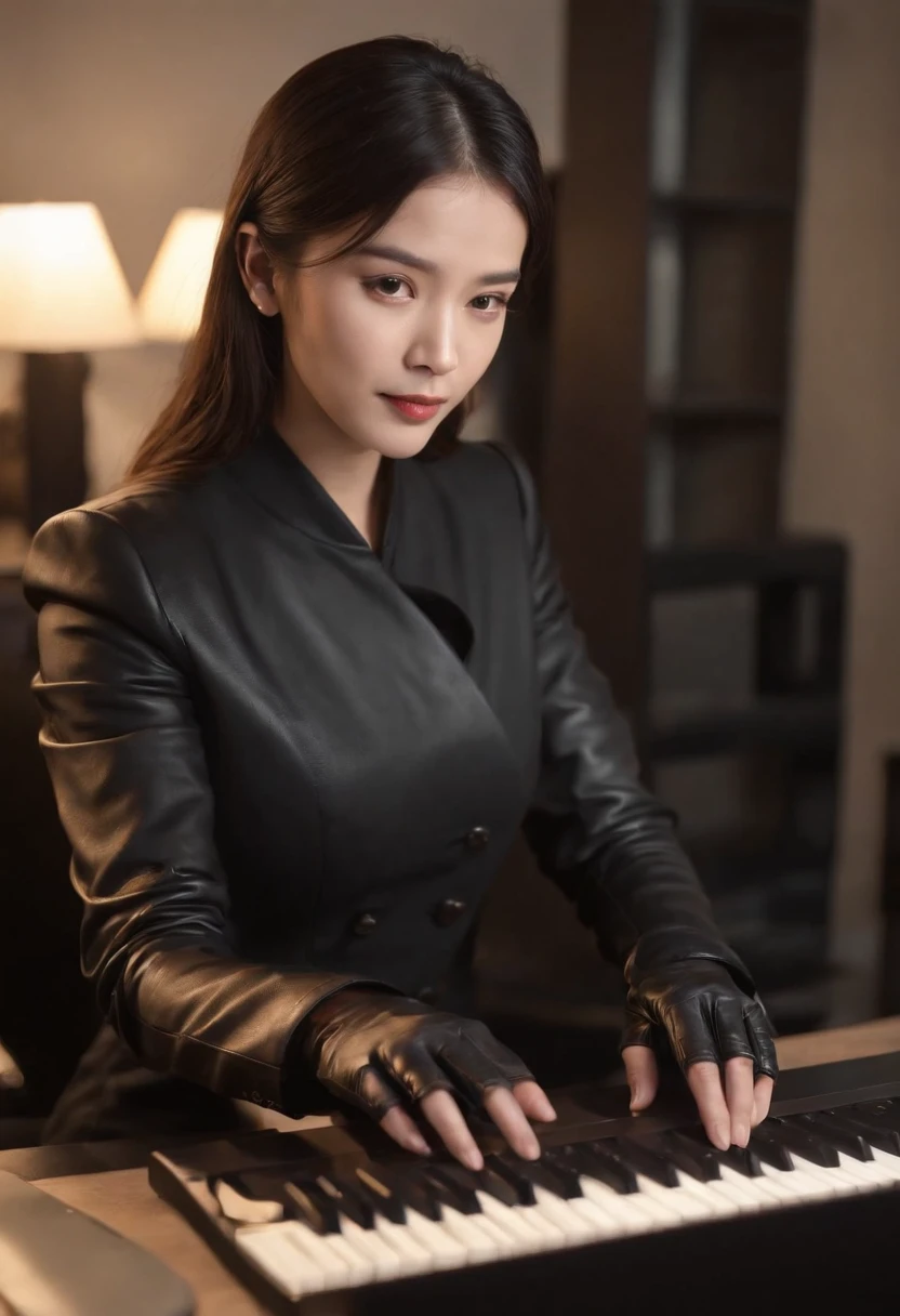 Wearing black leather gloves in both hands, upper body, black business suit, facing the desk in my room with a computer in the dark, tapping the keys of the computer keyboard with the fingertips of black leather gloves while looking at the screen, black hair bundled in the back for a long time, Japanese female new employee (black leather gloves cover both hands) (angle is in the front)