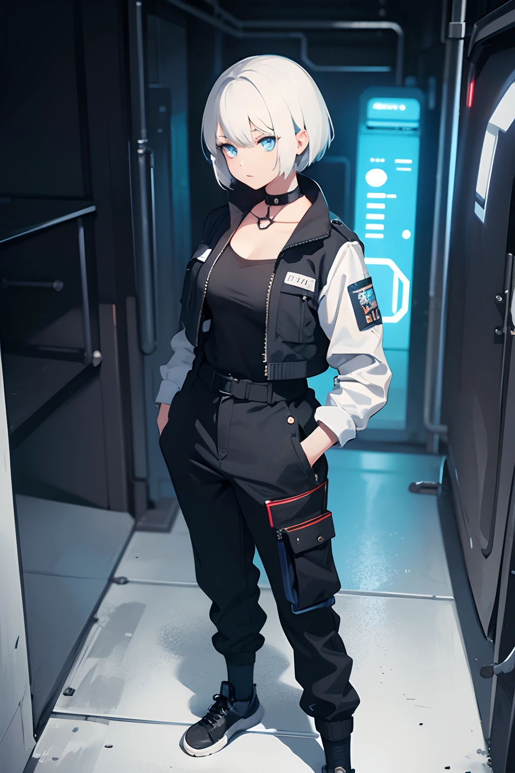 1girl, short white hair, blue eyes, black mechanic jumpsuit, simple background, cyberpunk, futuristic
