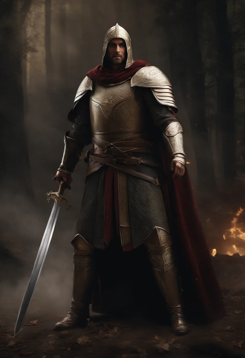 (8k unidade de papel de parede CG extremamente detalhado, obra-prima, best quality, ultra-detalhada), (((somente))), ((tiro grande angular:1.5)), (A paladin with a legendary sword), (Thematic background), medieval, Excelente jantar, Escuro, ambiente estranho, (Almas Negras 3, ilustrador, (best illustration)