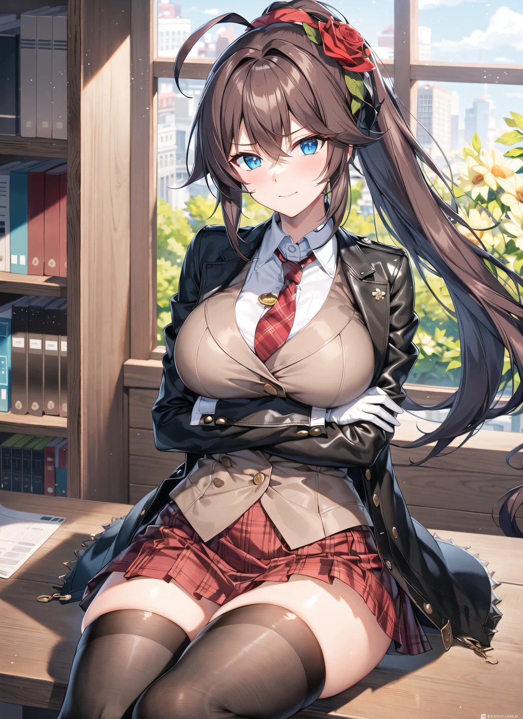 masterpiece, best quality, ultra-detailed, illustration, warm lighting, bright colors, 1girl,solo, long hair, very long hair, chifuyu, crossed arms, amused, sitting, office, office work,
action, ahoge, bangs, black_jacket, blue_eyes, breasts, brown_hair, brown_vest, buttons, closed_mouth, collared_shirt, double-breasted, dress_shirt, flower, gloves, hair_between_eyes, hair_flower, hair_ornament, hair_over_eyes, jacket, light_particles, long_sleeves, looking_at_viewer, necktie, plaid, plaid_skirt, pleated_skirt, ponytail, red_flower, red_necktie, red_rose, red_skirt, rose, shirt, skirt, thighhighs, vest, weapon, white_shirt, zettai_ryouiki,