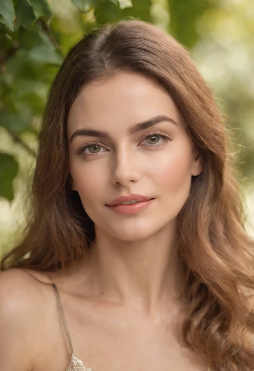 Realistic image with richness of detail taken from a camera of beautiful woman aged 30 years in high standard of beauty, seios fartos, inspirando sexualidade, roupas com decote, mostrando todo o corpo, passeando uma belo final de tarde, tendo ao fundo, A setting rich in flower and quite green, olhos e sorriso expressivo e encantador, belo corpo,