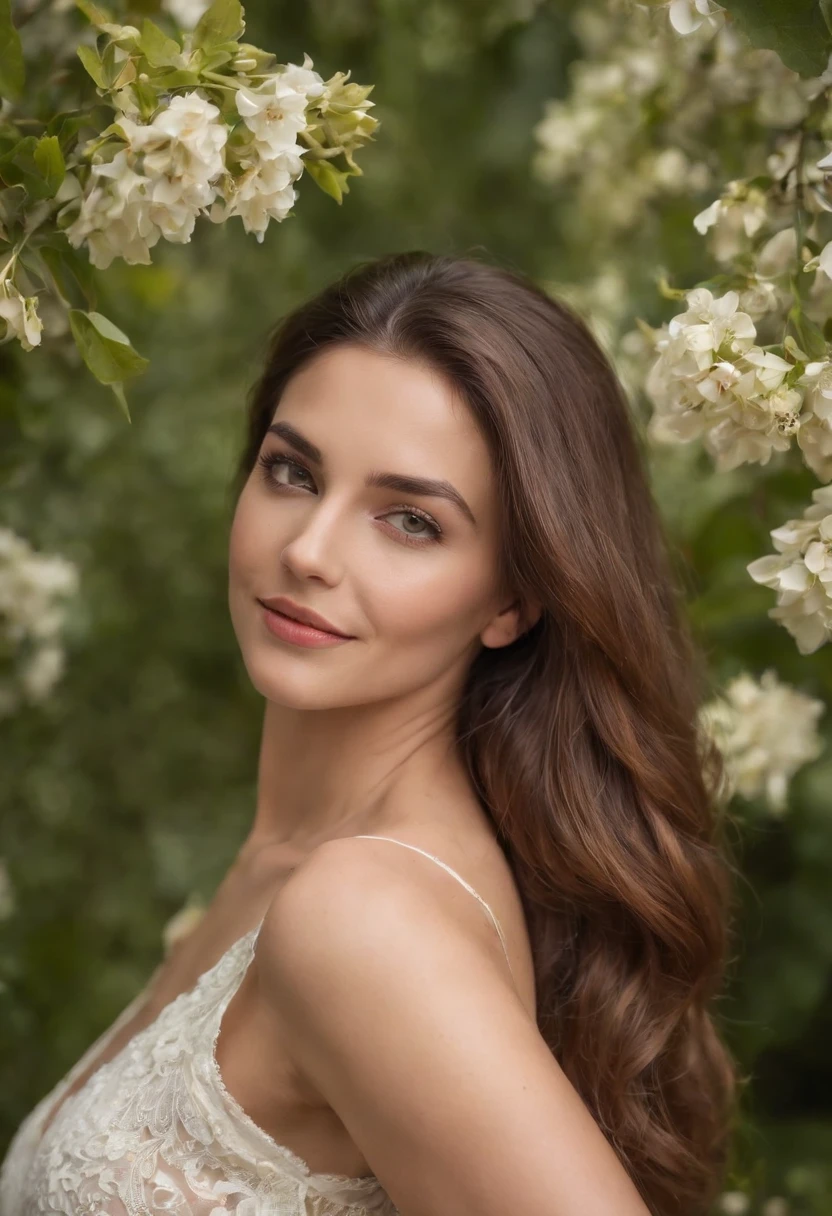 Realistic image with richness of detail taken from a camera of beautiful woman aged 30 years in high standard of beauty, seios fartos, inspirando sexualidade, roupas com decote, mostrando todo o corpo, passeando uma belo final de tarde, tendo ao fundo, A setting rich in flower and quite green, olhos e sorriso expressivo e encantador, belo corpo,