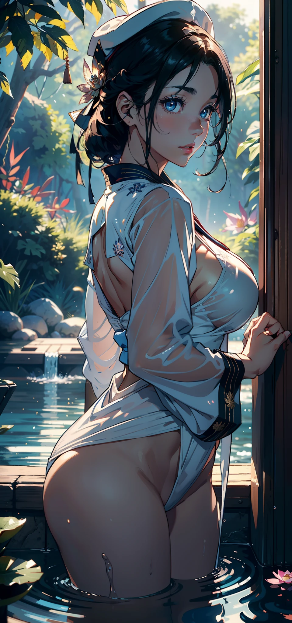 1female,35yo,A MILF,plumw,extremely large bosom, 独奏,(Background with:Mare,battleships,ports,ln the forest,lotus flower,pools of water)Deep in the forest, She has short black hair,bobo head,Station,,seen from the front, hair straight, mostly cloudy sky,(((tmasterpiece),(Very detailed CG unity 8K wallpaper),best qualtiy,cinmatic lighting,detailed back ground,beatiful detailed eyes,Bright pupils,Blue eyes,(Very fine and beautiful),(Beautiful and detailed eye description),ultra - detailed,tmasterpiece,))Redlip,facing at camera,A high resolution,ultra - detailed),revealing breasts,Bare genitalia, Bulge,legs are open,Raised sexy,Camel toes,Flushed complexion,Desire for dissatisfaction,frontage,SakuraNS ,British Navy,Snowflake decoration,Sailor's cap(Wearing:Transparent sexy sailor uniform,Hanfu,)