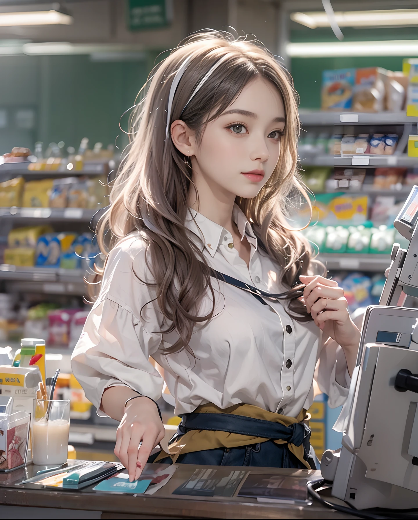 masutepiece、hight resolution、The convenience store of the future、Convenience store clerk、30-year-old girl、１Girl clerk、Looking at the camera、smil、Finish as shown in the photo、Cash register and beauty、the skin is white and beautiful、hair is short and beautiful、inner colored、Hair should be tied back、A slender、legs are thin and beautiful