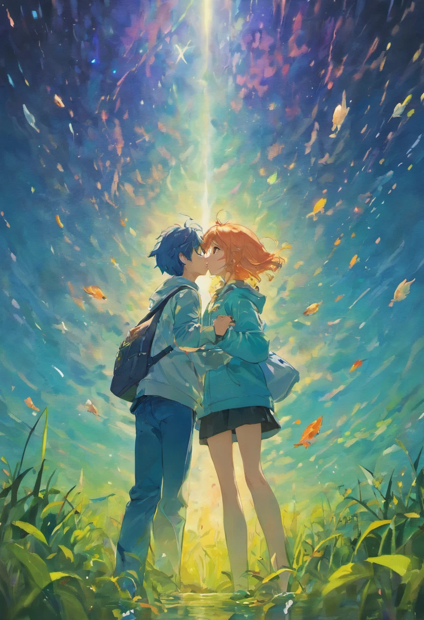 The vast starry sky, the beautiful skyline, the vast grassland, extremely tense and dramatic pictures, the moving visual effects, the high-hanging Polaris, and colorful natural light. A long-sleeved top, Denim shorts, And a girl with a backpack, long sleeved shirt, Denim jeans, And a boy with a backpack, two hand, Kissing, a couple, Koi, Lip kiss.