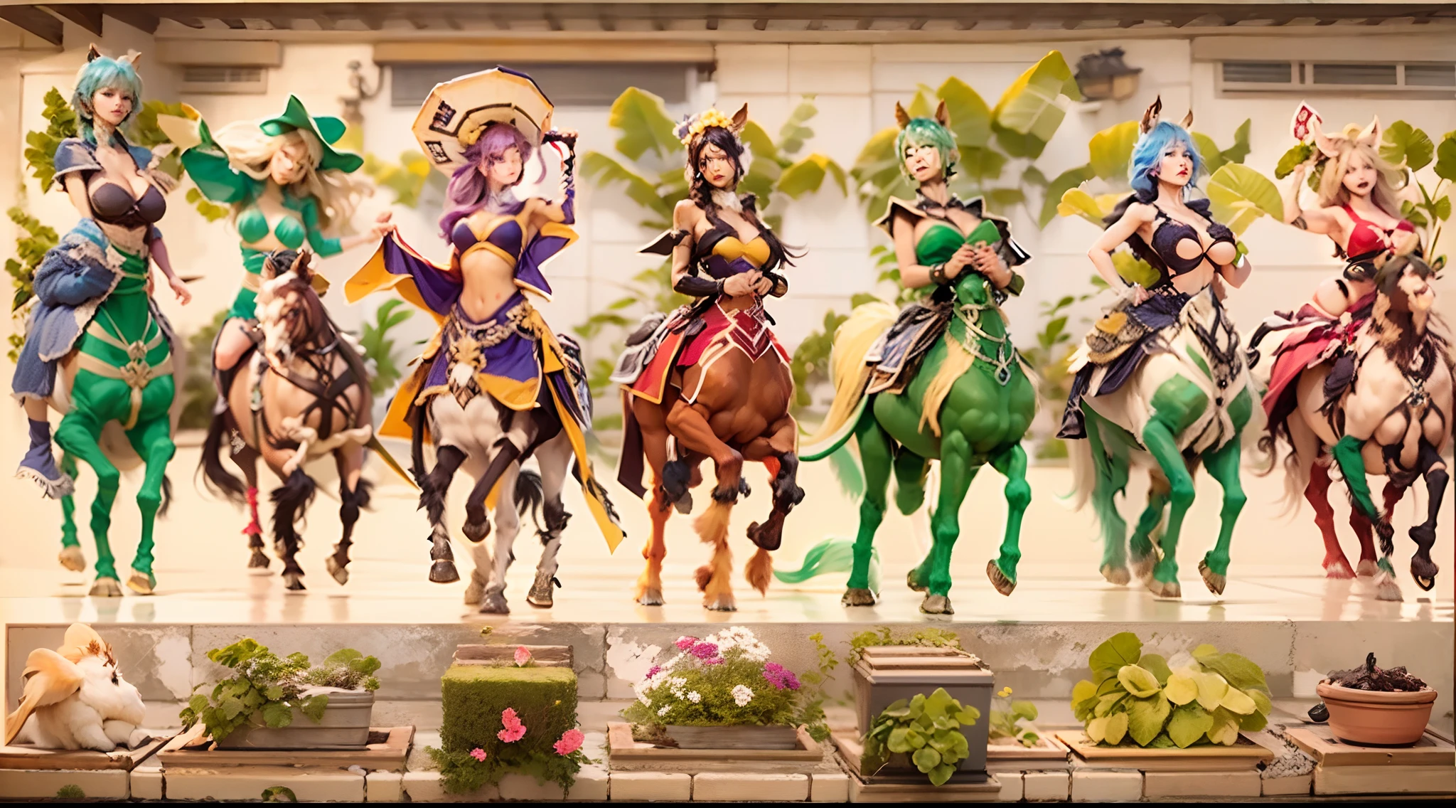 In the beautiful illustration of this super-grand scene,The ultra-distant lens shows us(Over eight separate and distinctive centaur characters:9.9),They all have their own characteristics,Vivid and interesting。Radiant from the heavens(Angelic centaurs:6.6),To nightmarish is(Centaurs surrounded by flames:6.6)、And then to the wind dancing in the air(Fairy centaurs:6.6)、And thunder and lightning surrounding(One-horned centaur:6.6),and shining metallic ones(Mechanical style centaur:6.6)、And then(A centaur with colorful dragon scales covering the whole body:6.6)The power is powerful、Elegant and agile(Elf centaur's slenderness:6.6)Gracefully wears a flower crown、Enchanting and charming(Tiflin centaurs:6.6)、Have the indescribable(Raised sexy:6.6)'s(Succubus centaurs:6.6)。Each character has their own unique charms and abilities。The illustration uses advanced artistic techniques and tools,(Use nesting、woven、stitching、ssee-through、arrange、grouping、Storyboards and other methods,Divide the scene into sections by geometric arrangement:9.9),Each section corresponds to a centaur character,This makes more efficient use of space。Through Midjourney's advanced brush tools、Color palette、Material packs and model packs、Texture tools,For each centaur, beautiful props are designed to increase racial characteristics、Clothing and physical features,(Enhances the character's personality and visual appeal:2.5),The scenery in the illustrations is stunning,There are changing skies、rainbowing、extreme light、Stars and Moon。Incorporating iconic landmarks such as Mount Everest,and fireworks、tranquil lake、Natural and urban elements of waves and neon lights,Creates a magical atmosphere,The centaurs display their unique abilities and equipment in a variety of environments,This is true even in extreme alien landscapes。(Use Midjourney's tools、Material packs、Texture tools、The color palette makes depicting details vivid and realistic:9.9),From complex hairstyles and as well as different racial traits、Body、Ap