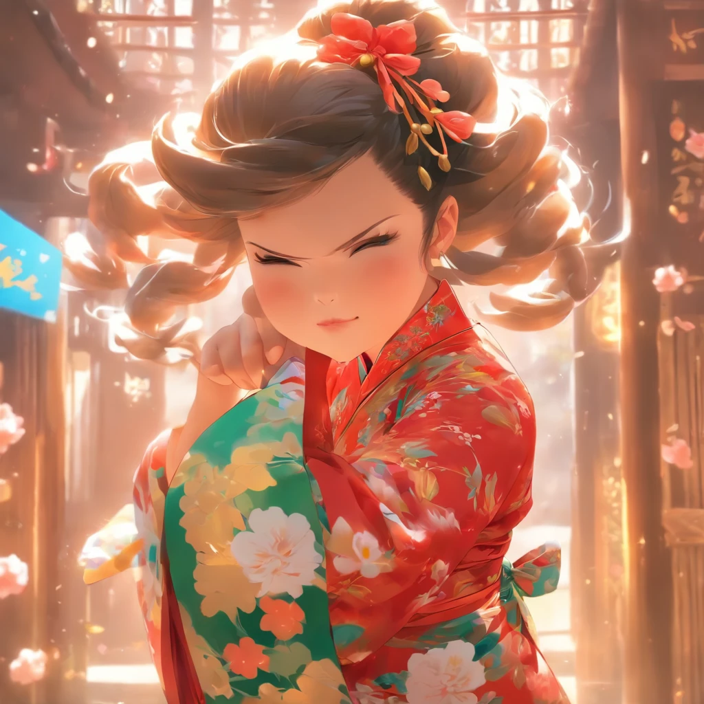 vivd colour, 16k, hyper HD, High-density imaging review 10, (tmasterpiece:1. 5), absurderes, (best qualtiy:1. 5),A ,Hold your arms,Frowning,Staring at you angrily,Pouting angrily,Floral half-sleeved cheongsam,Cute fat girl,A ball head