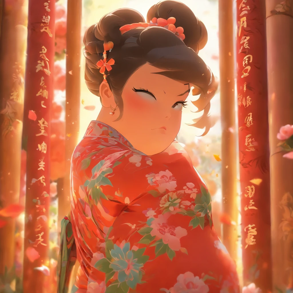 vivd colour, 16k, hyper HD, High-density imaging review 10, (tmasterpiece:1. 5), absurderes, (best qualtiy:1. 5),A ,Hold your arms,Frowning,Staring at you angrily,Pouting angrily,Floral half-sleeved cheongsam,Cute fat girl,A ball head