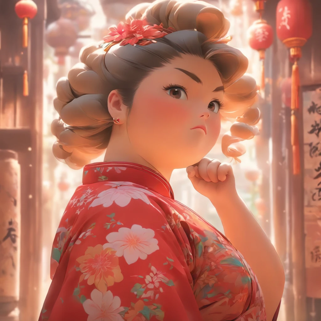 vivd colour, 16k, hyper HD, High-density imaging review 10, (tmasterpiece:1. 5), absurderes, (best qualtiy:1. 5),A ,Hold your arms,Frowning,Staring at you angrily,Pouting angrily,Floral half-sleeved cheongsam,Cute fat girl,A ball head