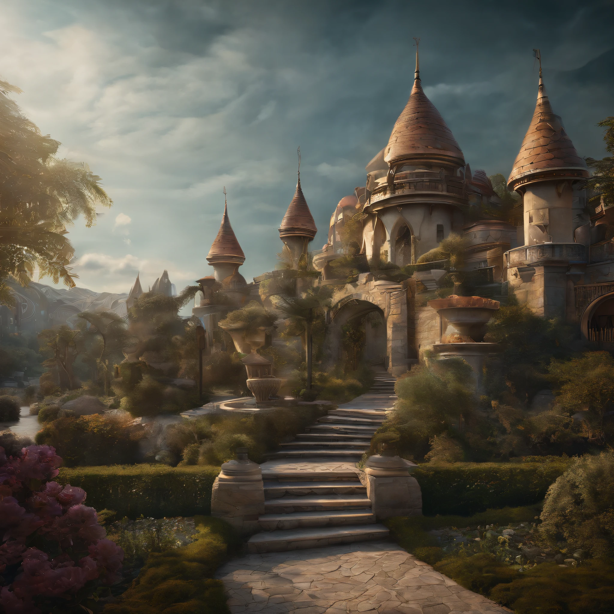 Fairy tales, Neverland city. reality is an illusion. a beautiful landscape combined with a large futuristc pattern. magical atmosphere, lightness, airiness. oil painting., trending on artstation, sharp focus, studio photo, intricate details, highly detailed, by greg rutkowski