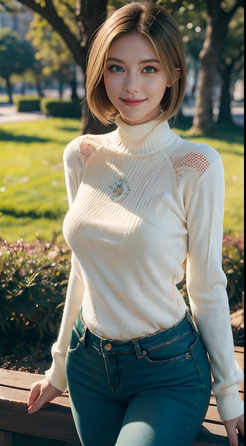 Masterpiece, Best quality, Ultra-detailed, Beautiful lighting, woman, Tight jeans, Blonde hair, (Green eyes:1.3), (White sweater:1.2), Turtleneck, The stands up, In Park, Beautiful scenery, Slight blush, Smiling, (Cute smile:1,1), (Glossy lips:1.1), (Beautiful eyes:1.1), wonderful backround, Closed mouth, Arms_Behind_back, Short hair