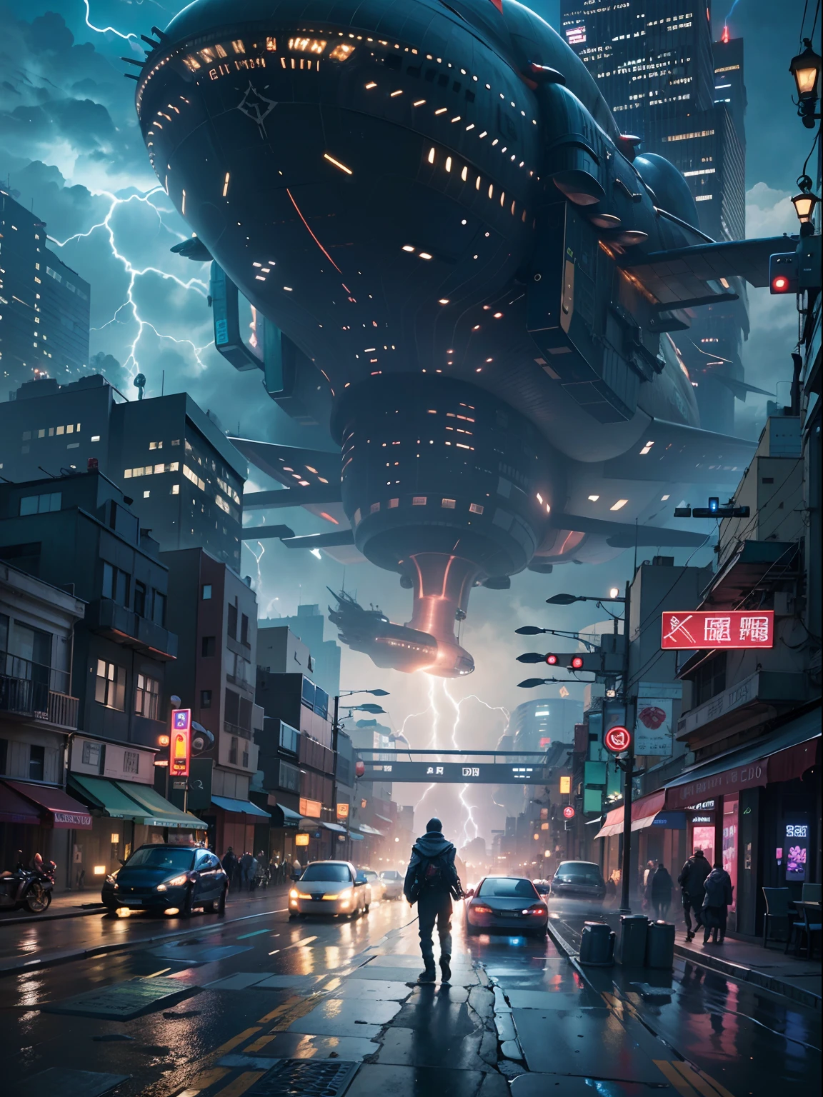 1boy,、Cyberpunk Boy、katanas,machine gun、Whole body bloody、The beginning of the adventure、Lots of clouds,heavy fog、(lightning:1.5)、starrysky、Moon,Chaotic city of the future、Movie dystopia、(Giant airship:1.5)、A group of very tall skyscrapers stands in the center、Very complex cityscape,Crowded Chinese skyscrapers、street signs、streetlights、taxis、buses、Train、Blue lighting,Dark road、puddles、Chaotic、Beautiful and fantastic scenery、Cinematic scenery、hightquality、masutepiece,in 8K、hight resolution、