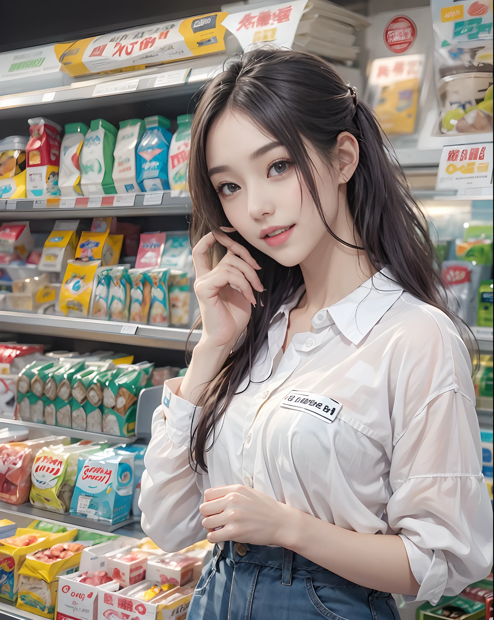 masutepiece、hight resolution、The convenience store of the future、Convenience store clerk、30-year-old girl、1Girl clerk、Looking at the camera、smil、Finish as shown in the photo、the skin is white and beautiful、hair is long and beautiful、inner colored、