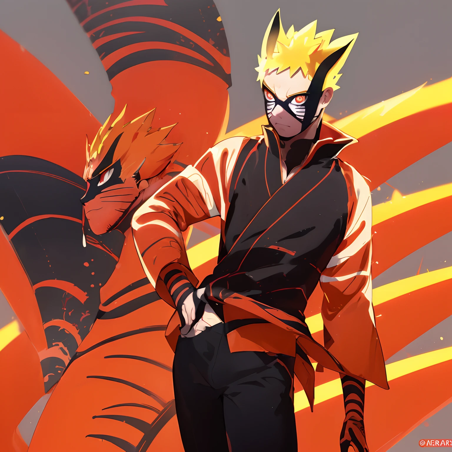 1st grade, Naruto_bárion, hand_Ataduras,  rosto_Marcas, todo_corpo, Branco_Background Story, simples_Background Story, roupa laranja vermelha, brilhar, cabo, sozinho, Standing, cyberpunk