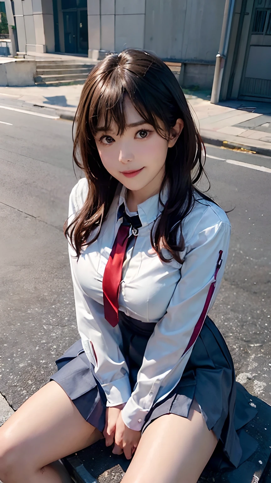 (8K)、(Top image quality:1.2)、(reallistic)、(Photorealsitic:1.5)、Shadow、The long-haired、(dignified expression)、The ultra -The high-definition、1girll、cute little、A smile、a closed mouth、Beautiful details、Beautiful nose in every detail、Detailed eyebrows、A detailed eye、Detailed mouth、Golden Ratio Face、full body Esbian、(爆乳:1.6)、(Emphasis on the chest;1.5)、student clothes、jaket、(Shirt opens to reveal chest:1.4)、White short-sleeved shirt、red necktie、Navy blue flared skirt、(((shiny thighs)))、Emphasis on the thighs、Highly fleshy、(sitting on a step:1.4)、beauty legs、(Spread your legs:1.5)、(Open your legs:1.5)、Hands between legs、(frombelow:1.9)、Skyscraper District、Bright morning sun between buildings