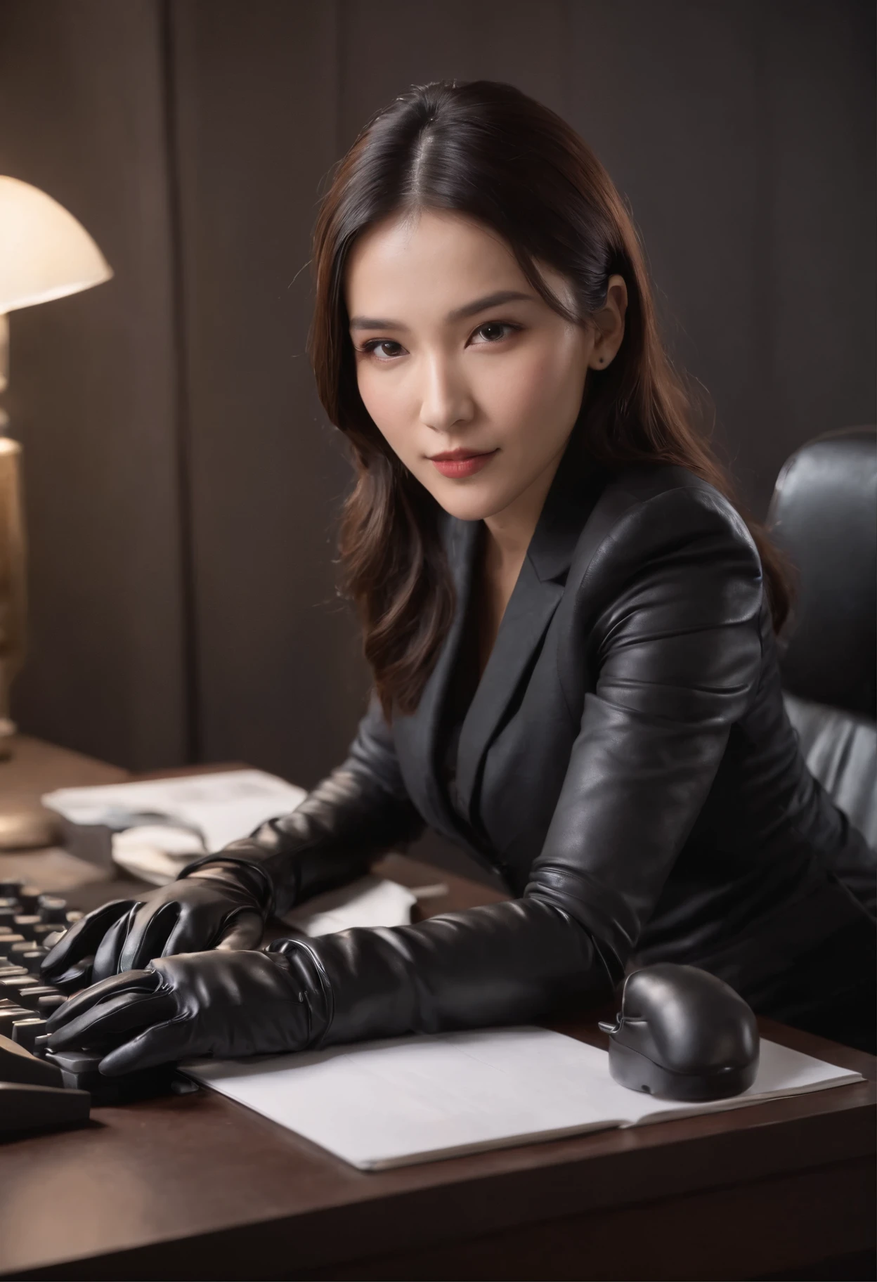Wearing black leather gloves in both hands, upper body, black business suit, facing the desk in my room with a computer in the dark, tapping the keys of the computer keyboard with the fingertips of black leather gloves while looking at the screen, black hair bundled in the back for a long time, Japanese female new employee (black leather gloves cover both hands) (angle is in the front)
