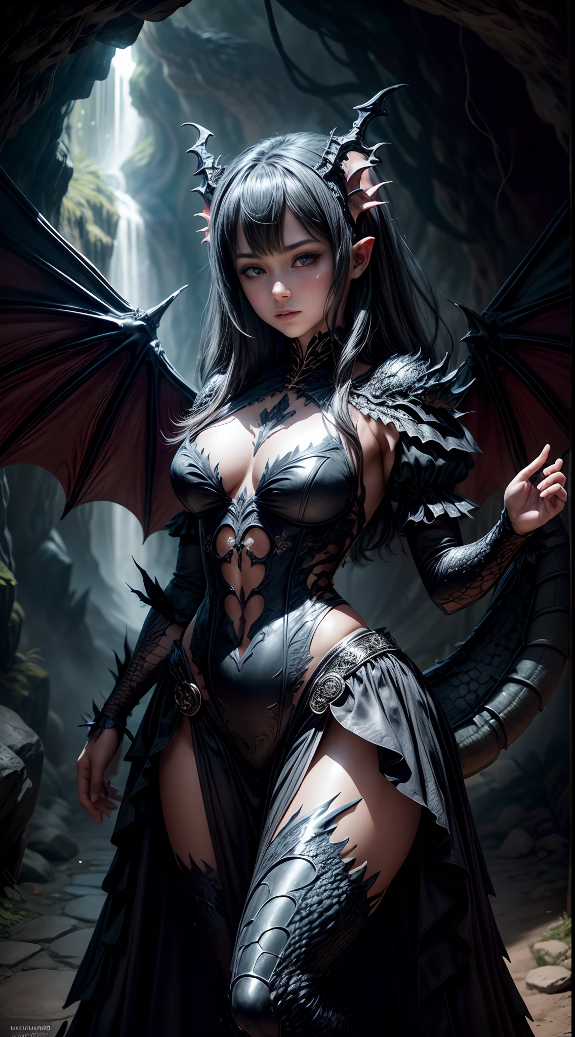 A dark and temperamental photograph of a cosplayer in an elaborate "Dragon Girl Master:1.4" traje, posed dramatically at the entrance of a natural cave, con sombras y luz jugando con los contornos de la caverna rocosa,Luz de fondo azul,(Black Dragon Costume:1.4),creando un aura de misterio y encanto.motor irreal:1.4,UHD,La mejor calidad:1.4, fotorrealista:1.4, textura de la piel:1.4, obra maestra:1.8,Detallado:1.4,(dragon-like wings:1.4),