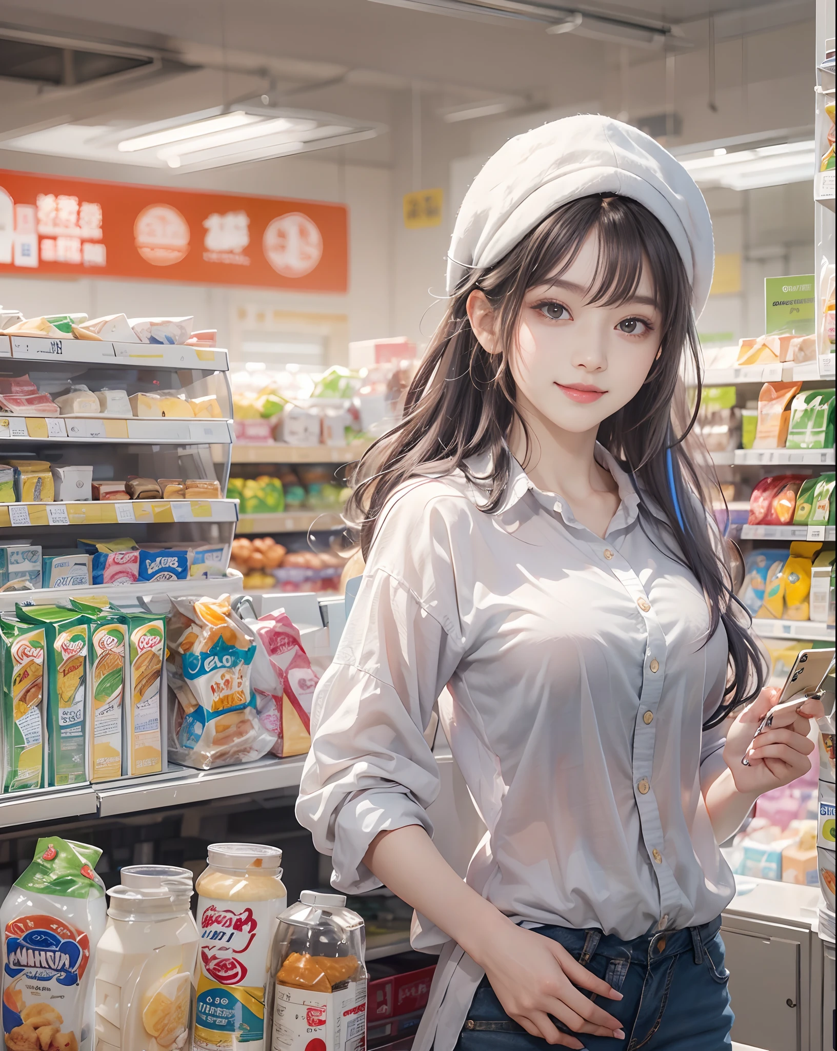masutepiece、hight resolution、The convenience store of the future、Convenience store clerk、30-year-old girl、1Girl clerk、Looking at the camera、smil、Finish as shown in the photo、the skin is white and beautiful、hair is long and beautiful、inner colored、