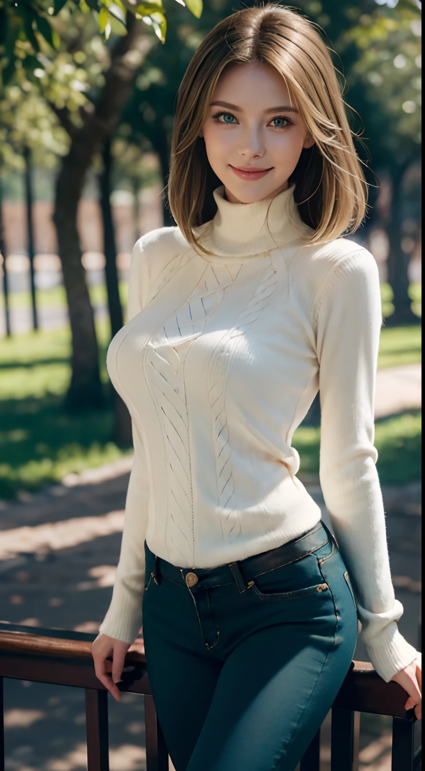 Masterpiece, Best quality, Ultra-detailed, Beautiful lighting, woman, Tight jeans, Blonde hair, (Green eyes:1.3), (White sweater:1.2), Turtleneck, The stands up, In Park, Beautiful scenery, Slight blush, Smiling, (Cute smile:1,1), (Glossy lips:1.1), (Beautiful eyes:1.1), wonderful backround, Closed mouth, Arms_Behind_back, Short hair