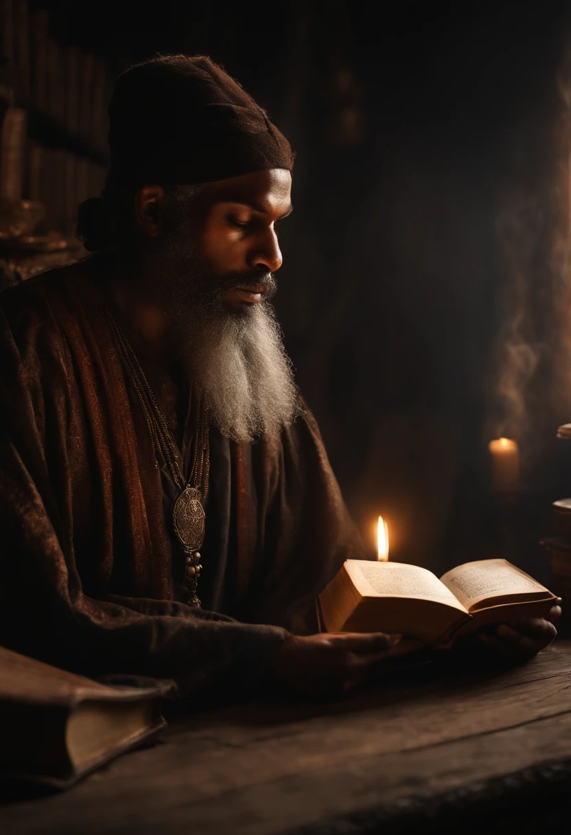 (a wizard of African descent with prefect hands),muito velho com uma barba longa, in a rustic and secret place,(estantes de livros antigos). [Making magic potions and giving wise advice].(melhor qualidade,4k,8k,Altas,master part:1.2),ultra-detalhado,[Realistic,fotorrealista,photo-realistic:1.37] Retratos, [Cores escuras e misteriosas], [Subtle and dim lighting], [textura vintage e antiga]