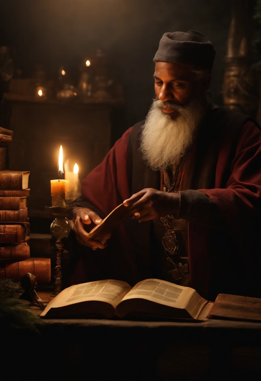 (a wizard of African descent with prefect hands),muito velho com uma barba longa, in a rustic and secret place,(estantes de livros antigos). [Making magic potions and giving wise advice].(melhor qualidade,4k,8k,Altas,master part:1.2),ultra-detalhado,[Realistic,fotorrealista,photo-realistic:1.37] Retratos, [Cores escuras e misteriosas], [Subtle and dim lighting], [textura vintage e antiga]