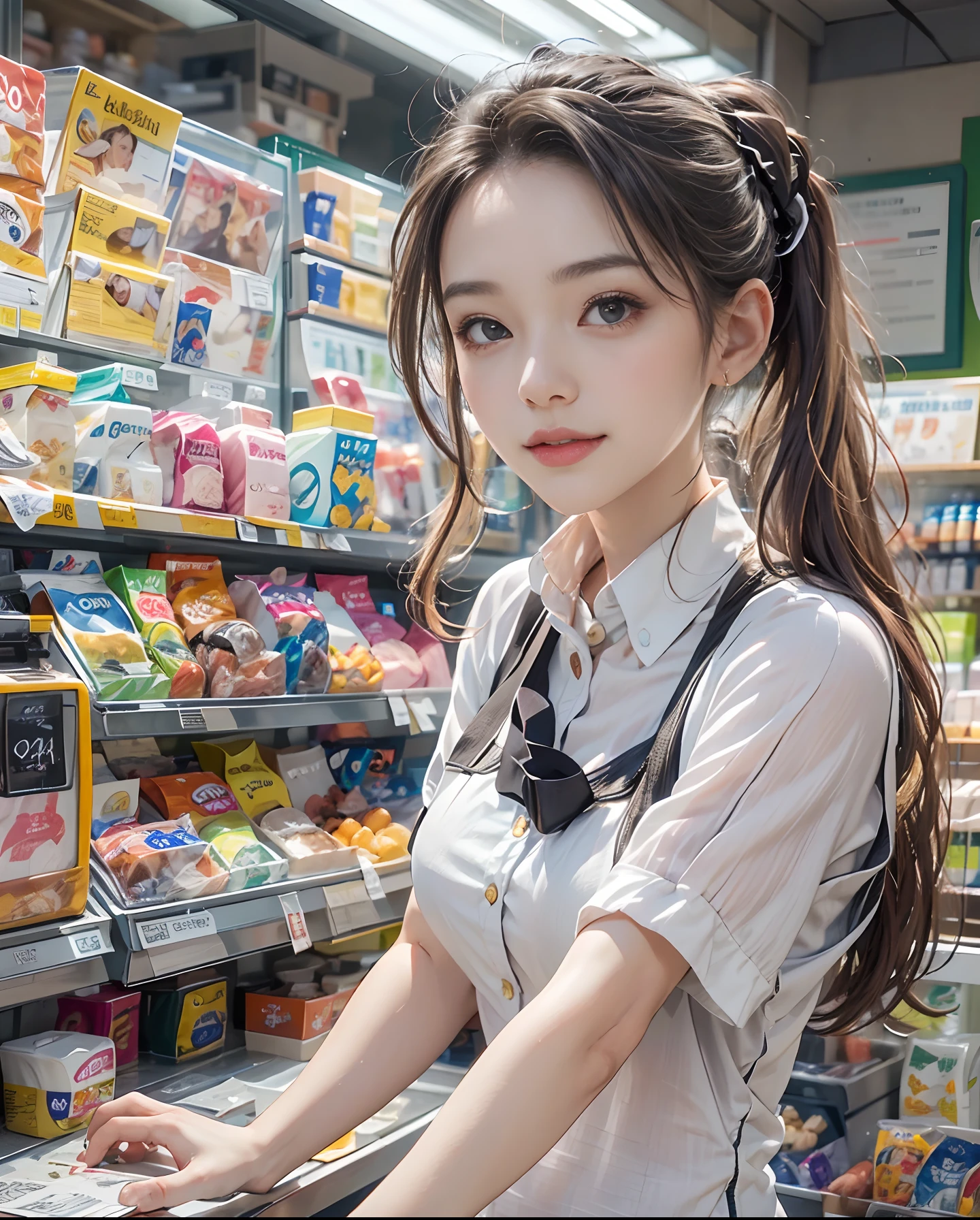 masutepiece、hight resolution、The convenience store of the future、Convenience store clerk、30-year-old girl、１Girl clerk、Looking at the camera、smil、Finish as shown in the photo、Cash register and beauty、the skin is white and beautiful、hair is short and beautiful、inner colored、Hair should be tied back、