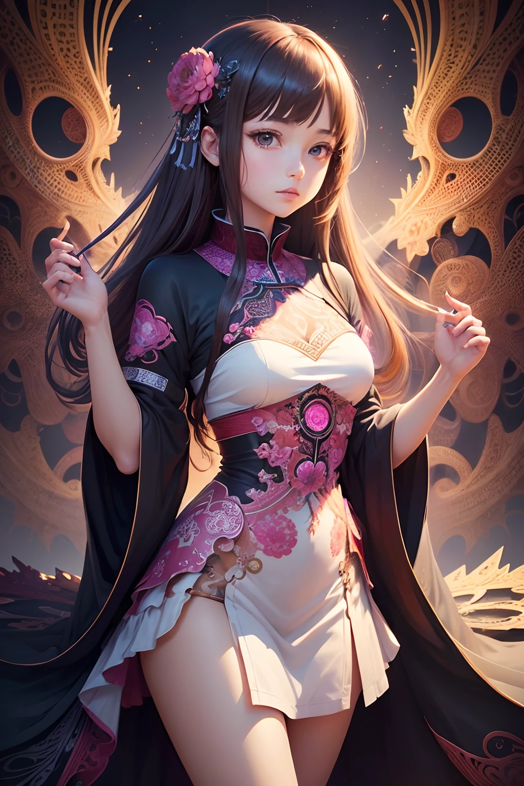 masterpiece, high resolution, realistic, photographic, gorgeous face, intricate details, high resolution, high detail color RAW photography, wallpaper,. 1girl, long snakes, beetle, pointed ears, butterfly, flower, dress, horns, black hair, solo, single sleeves, tentacles from the back, bat wings, horns, closed mouth, black eyes, black dress, fine embroidery patterns, tentacles, monk robes, chinese clothing, whirlpool, entanglement, colorful flowers, demon clothes, streamer, dances, . VSCO A7, HDR, High Resolution, Depth of Field, Boken, ISO 200, Golden Hour, Vignette, Gloom, Color Vibrant, Rich Color, Dramatic Angle, Dynamic Pose, General View, Backlight, Side Below Silk, Lots of Colorful, Multicolored Background, Film Grain, Lens Flare, Dutch Angle, Motion Blur, 16K, Best Quality, Color Dark, Minimalism.