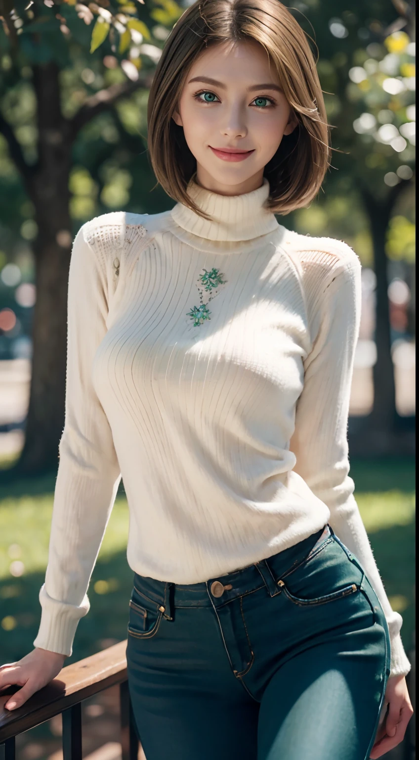 Masterpiece, Best quality, Ultra-detailed, Beautiful lighting, woman, Tight jeans, Blonde hair, (Green eyes:1.3), (White sweater:1.2), Turtleneck, The stands up, In Park, Beautiful scenery, Slight blush, Smiling, (Cute smile:1,1), (Glossy lips:1.1), (Beautiful eyes:1.1), wonderful backround, Closed mouth, Arms_Behind_back, Short hair