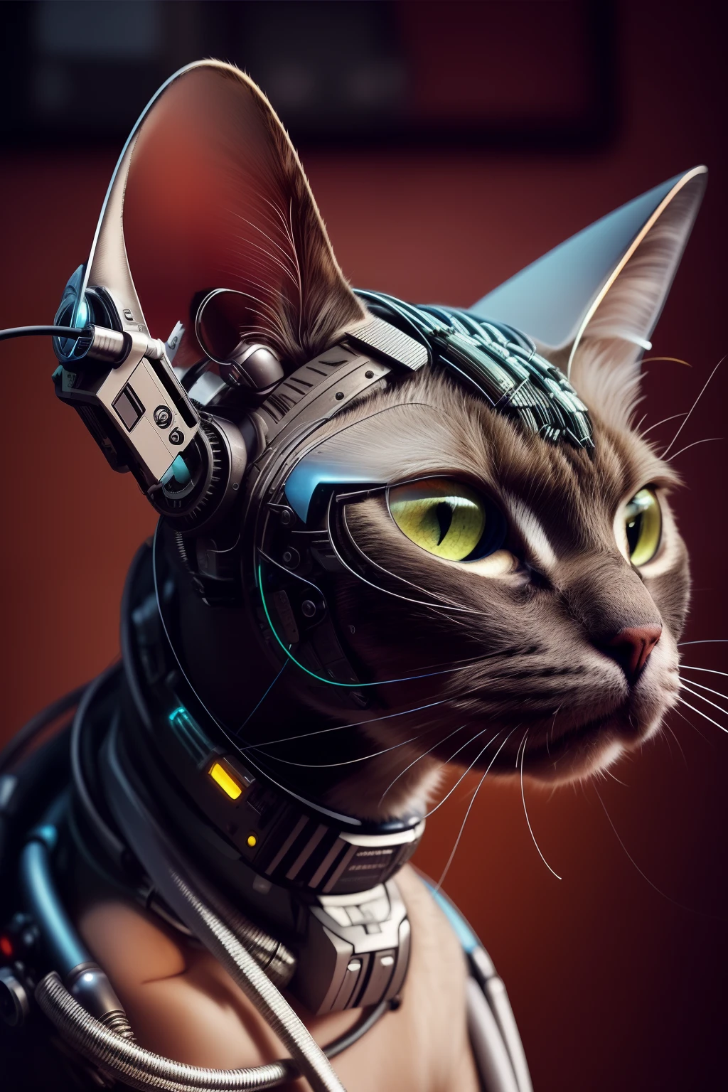 there is a cat with a head made of wires and wires, cyborg cat, a cyborg cat, cyberpunk cat, cyborg kitten, robot cat, robotic cat, steampunk cat, cat robot, industrial robotic cats, armored cat, inside a mechanical cat's head, 4k highly detailed digital art, portrait of a steampunk catgirl, cat detailed