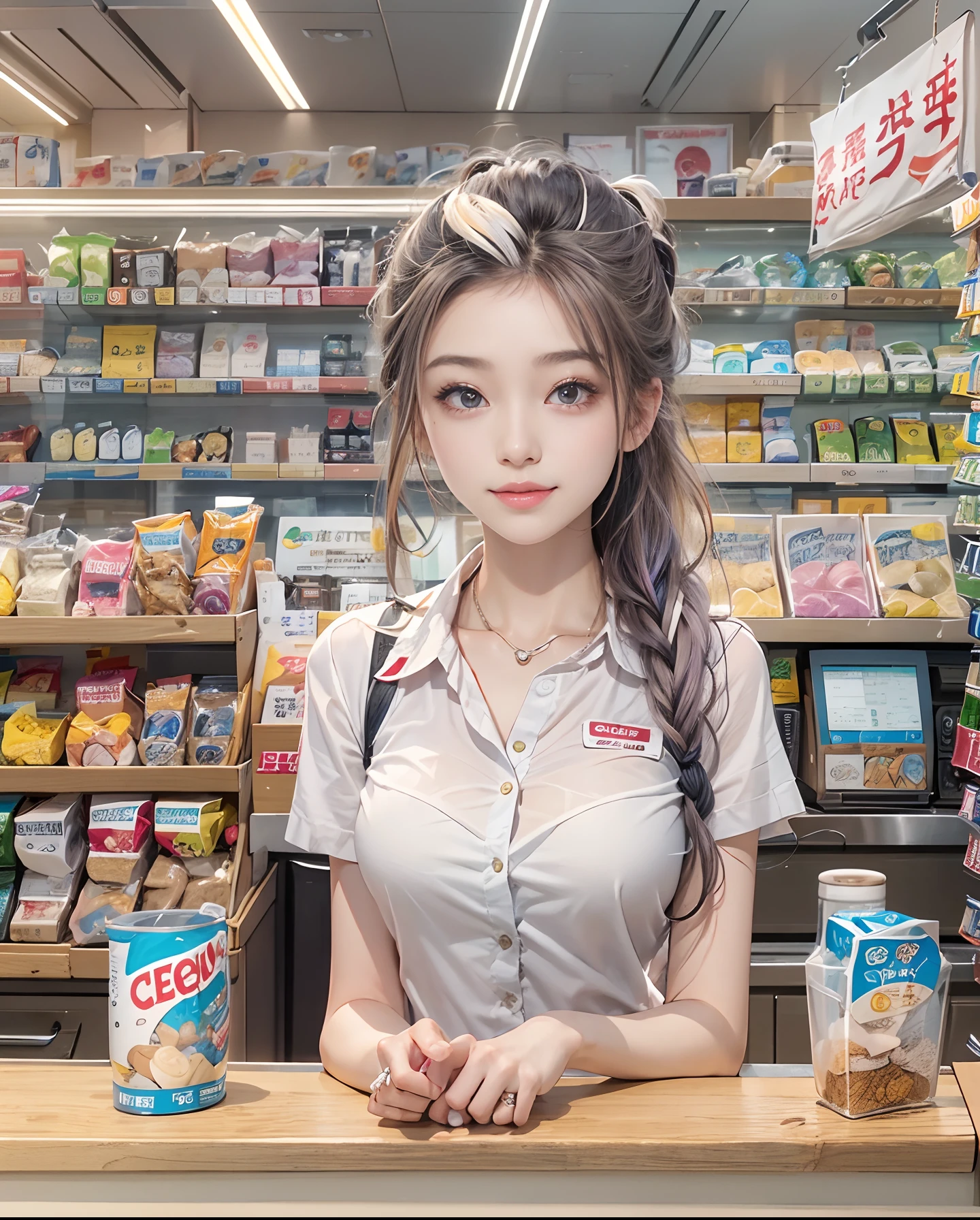 masutepiece、hight resolution、The convenience store of the future、Convenience store clerk、30-year-old girl、1Girl clerk、Looking at the camera、smil、Finish as shown in the photo、Cash register and beauty、the skin is white and beautiful、hair is short and beautiful、inner colored、Hair should be tied back、