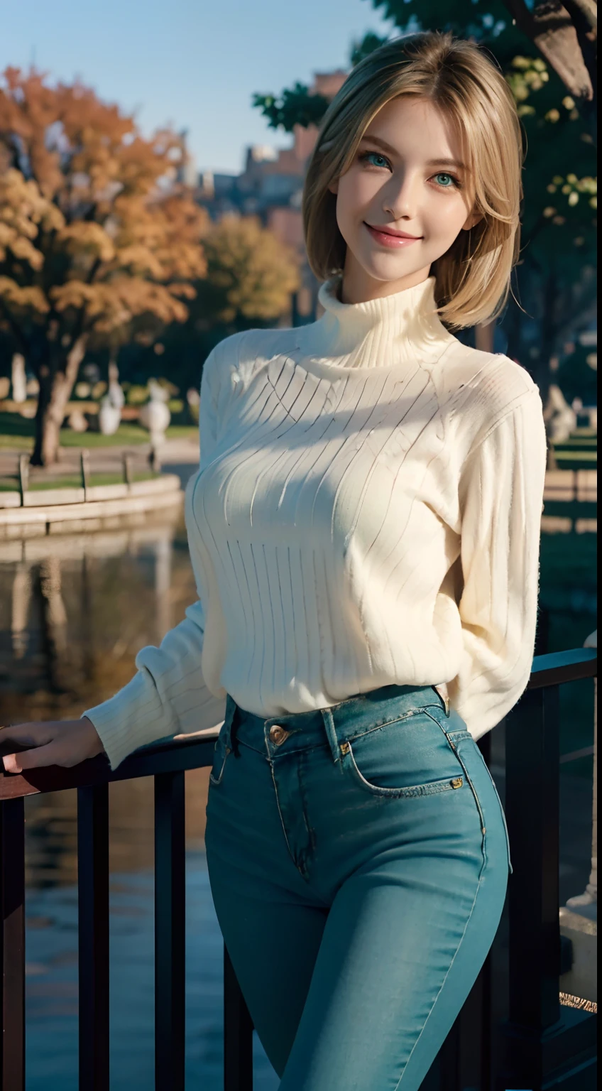 Masterpiece, Best quality, Ultra-detailed, Beautiful lighting, woman, Tight jeans, Blonde hair, (Green eyes:1.3), (White sweater:1.2), Turtleneck, The stands up, In Park, Beautiful scenery, Slight blush, Smiling, (Cute smile:1,1), (Glossy lips:1.1), (Beautiful eyes:1.1), wonderful backround, Closed mouth, Arms_Behind_back, Short hair