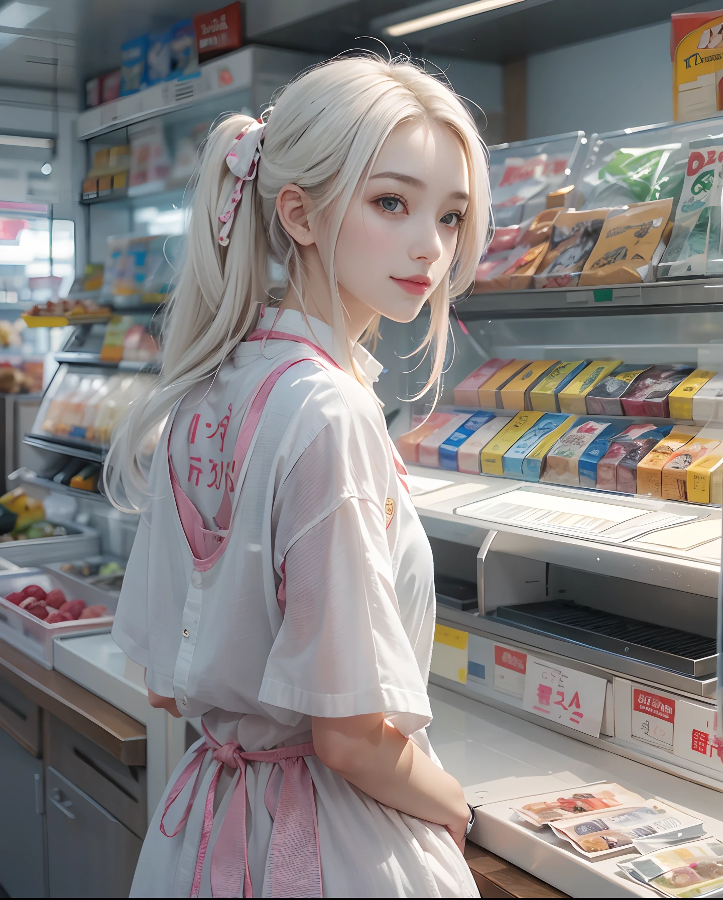 masutepiece、hight resolution、The convenience store of the future、Convenience store clerk、30-year-old girl、１Girl clerk、Looking at the camera、smil、Finish as shown in the photo、Cash register and beauty、the skin is white and beautiful、hair is short and beautiful、inner colored、Hair should be tied back、