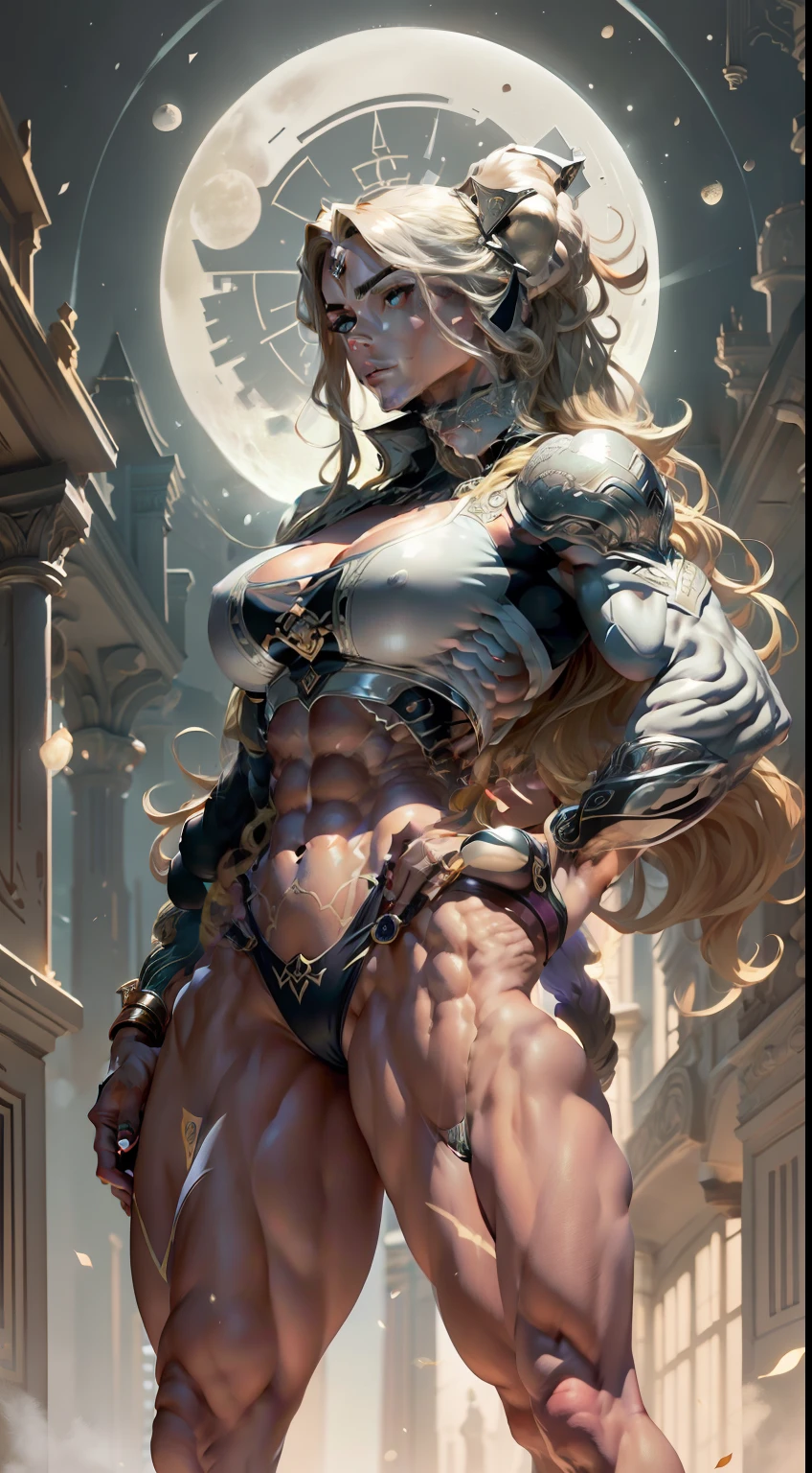 Art nouveau, tarot card, perfect face, long blonde hair, beautiful woman, abs, muscular chest, muscular arms, muscular woman, facing forwards, lat spread, flexing, wide hips, masterpiece, silver trim, the moon, muscular thighs, full body, esoteric geometry, symmetrical pose, from behind, big ass, muscular back