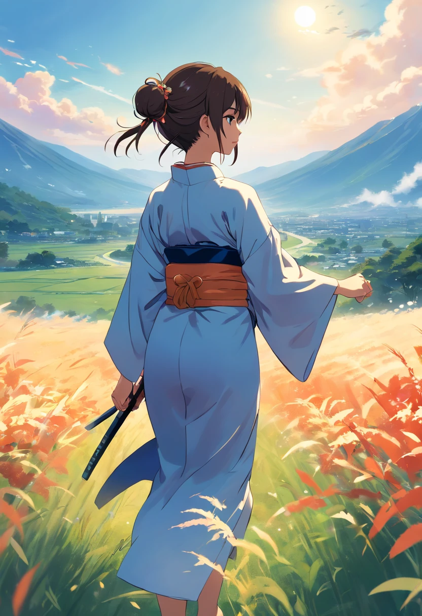 (8k Wallpaper:1.2),(ultra-high resolution:1.2),(masterpiece:1.1),wallpaper,High Quality,A masterpiece,(high-detail),1man, Samurai Bun Hairstyle Man,Wear Ronin armor., (Ghost of Tushima), Walk through the meadow., Japanese master swordsman,Katana at the waist, Simple white background, 8k Wallpaper, HD quality,fall in love,Women,japan,Wearing a kimono