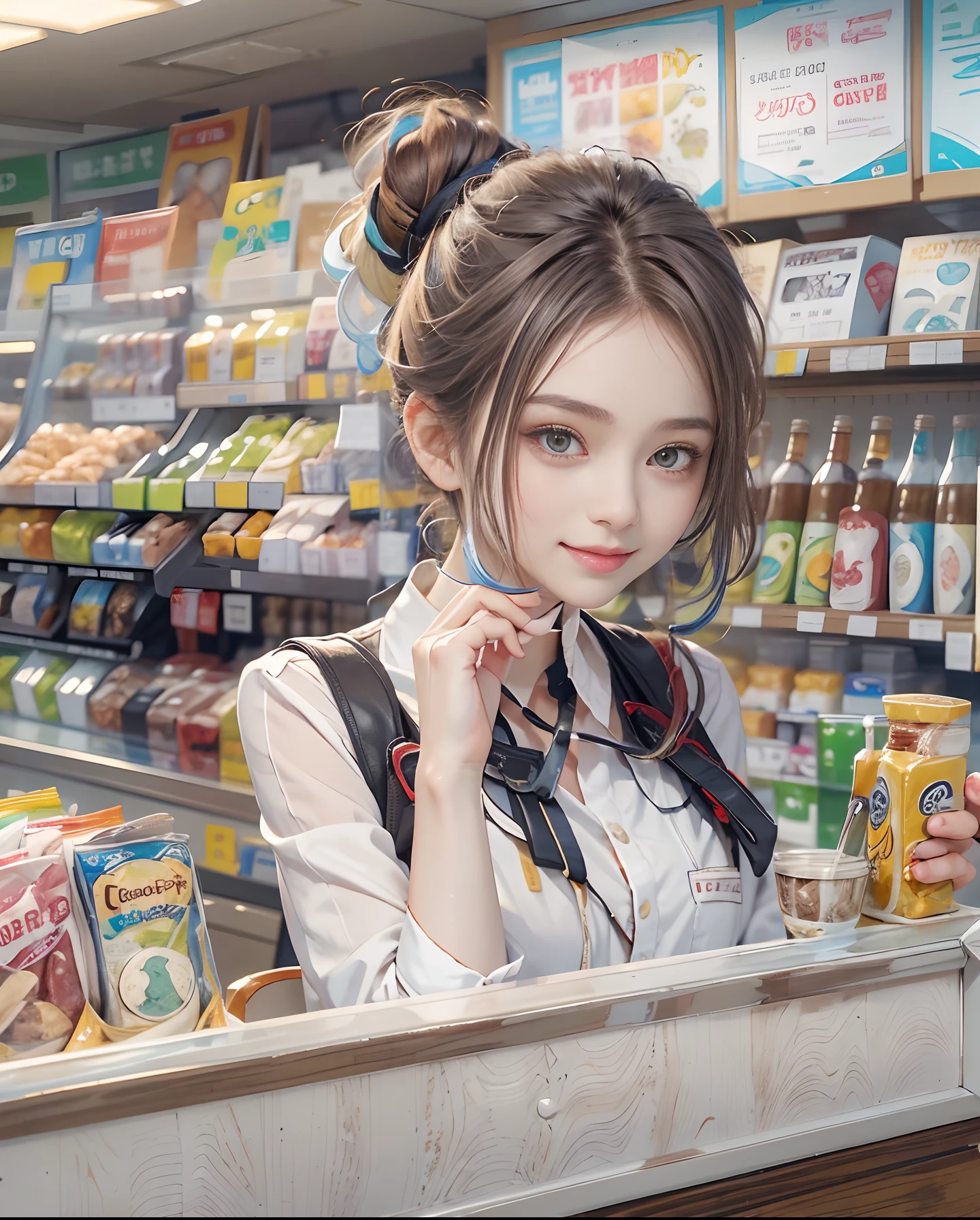 masutepiece、hight resolution、The convenience store of the future、Convenience store clerk、30-year-old girl、１Girl clerk、Looking at the camera、smil、Finish as shown in the photo、Cash register and beauty、the skin is white and beautiful、Hair is short and beautiful、inner colored、Hair should be tied back、
