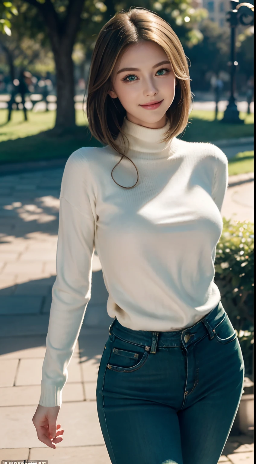 masutepiece, Best Quality, Ultra-detailed, Beautiful lighting, Woman, Tight jeans, (White sweater:1.2), turtle neck, Standing up, in park, Beautiful scenery, slight blush, Smiling, (Cute smile:1,1), (Glossy lips:1.1), (Beautiful eyes:1.1), Closed mouth, Short Hair HD HQ UHD, (Japanese mature women everywhere.:1.2), (45 years old:1.5), (Raw photo:1.5), (medium breasts:1.1),