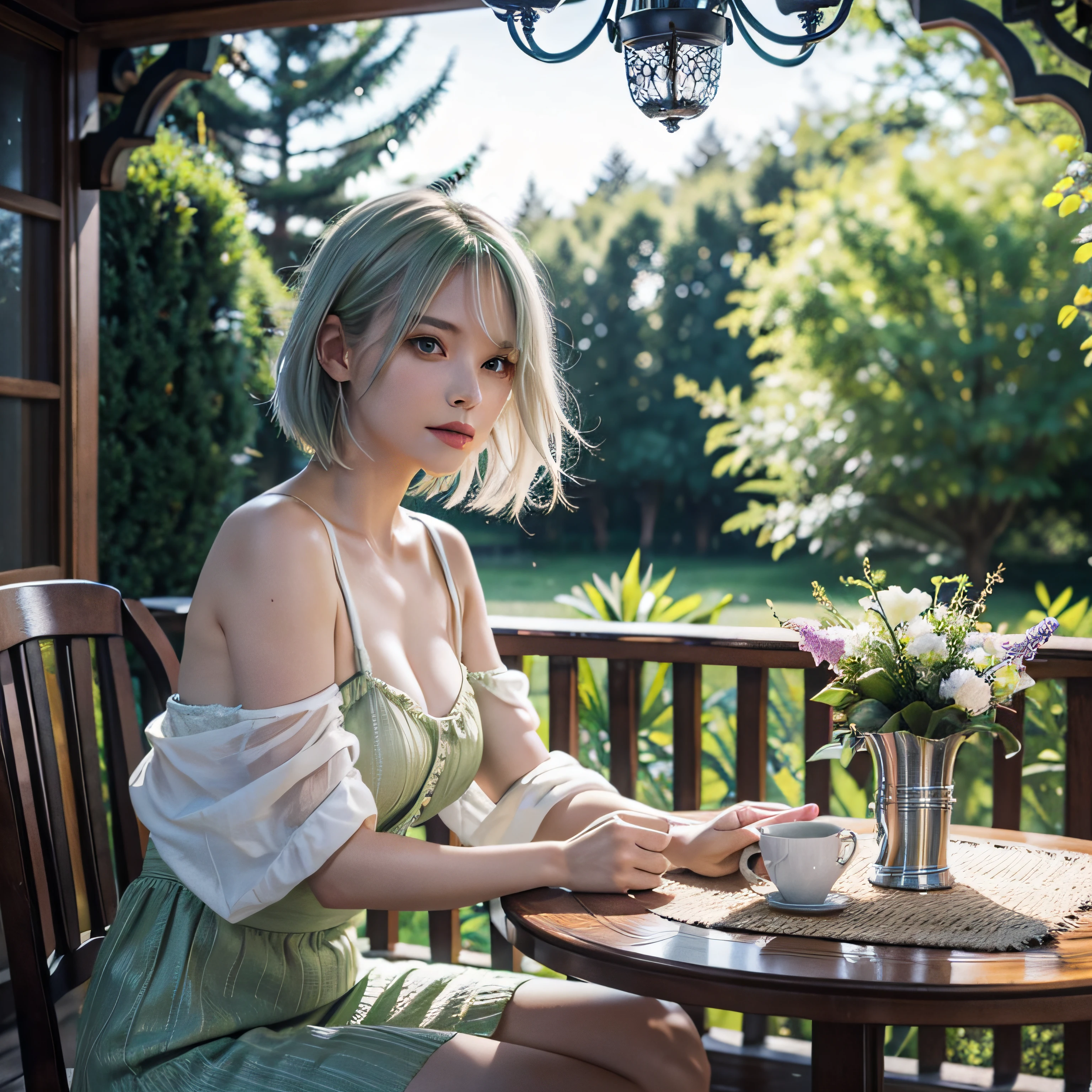 masutepiece, Best Quality,Ultra-detailed,hyperdetails, Cinematic Light,, 1girl in, Solo, sit, plein air, Summer House, Sitting in the summer house,  Plants, The table, chandeliers, candle, Wind, Green eyes, pan-green silver hair, Short hair,  Floating hair, light, Light frown, profile,Looking at Viewer, Dynamic_Angle