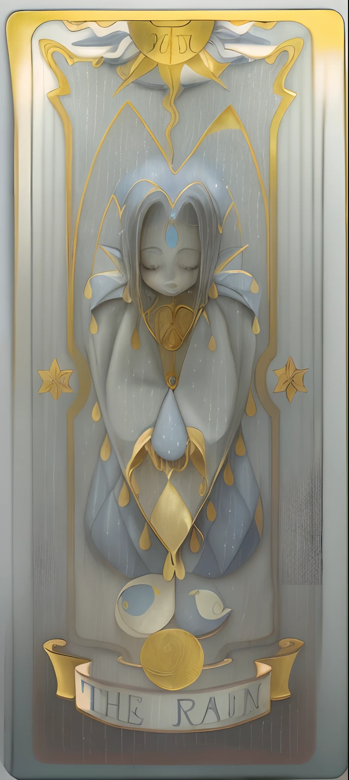 The Rain, Clow Card, Jester Child, Rain Drops, tarot card (porcelain, bluish gray, golden lines)
