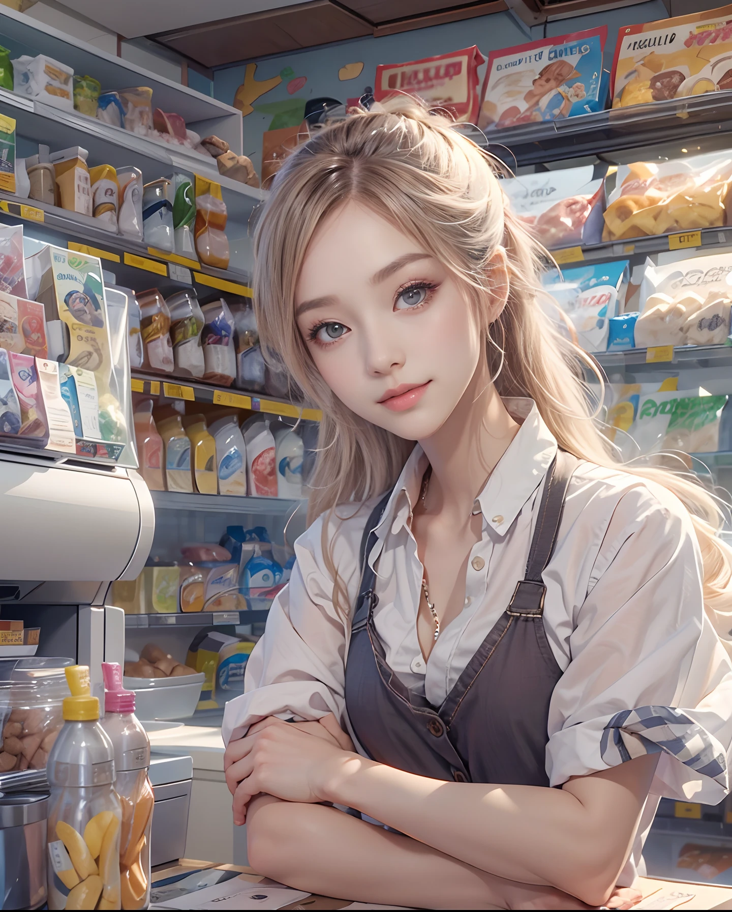 masutepiece、hight resolution、The convenience store of the future、Convenience store clerk、30-year-old girl、１Girl clerk、Looking at the camera、smil、Finish as shown in the photo、Cash register and beauty、the skin is white and beautiful、inner colored、Hair should be tied back、