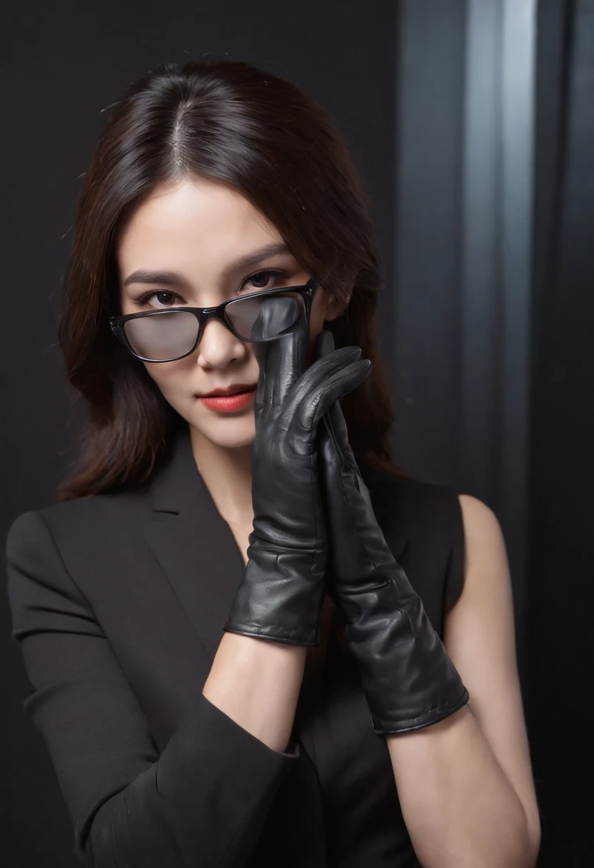 Wearing black leather gloves up to the fingertips in both hands, upper body, black business suit, facing the desk in your room with a computer in the dark, operate the computer keyboard with the fingertips of black leather gloves while looking at the screen, black hair bundled in the back for a long time, Japanese female new employee looking at this (black leather gloves cover both hands) (angle is front)