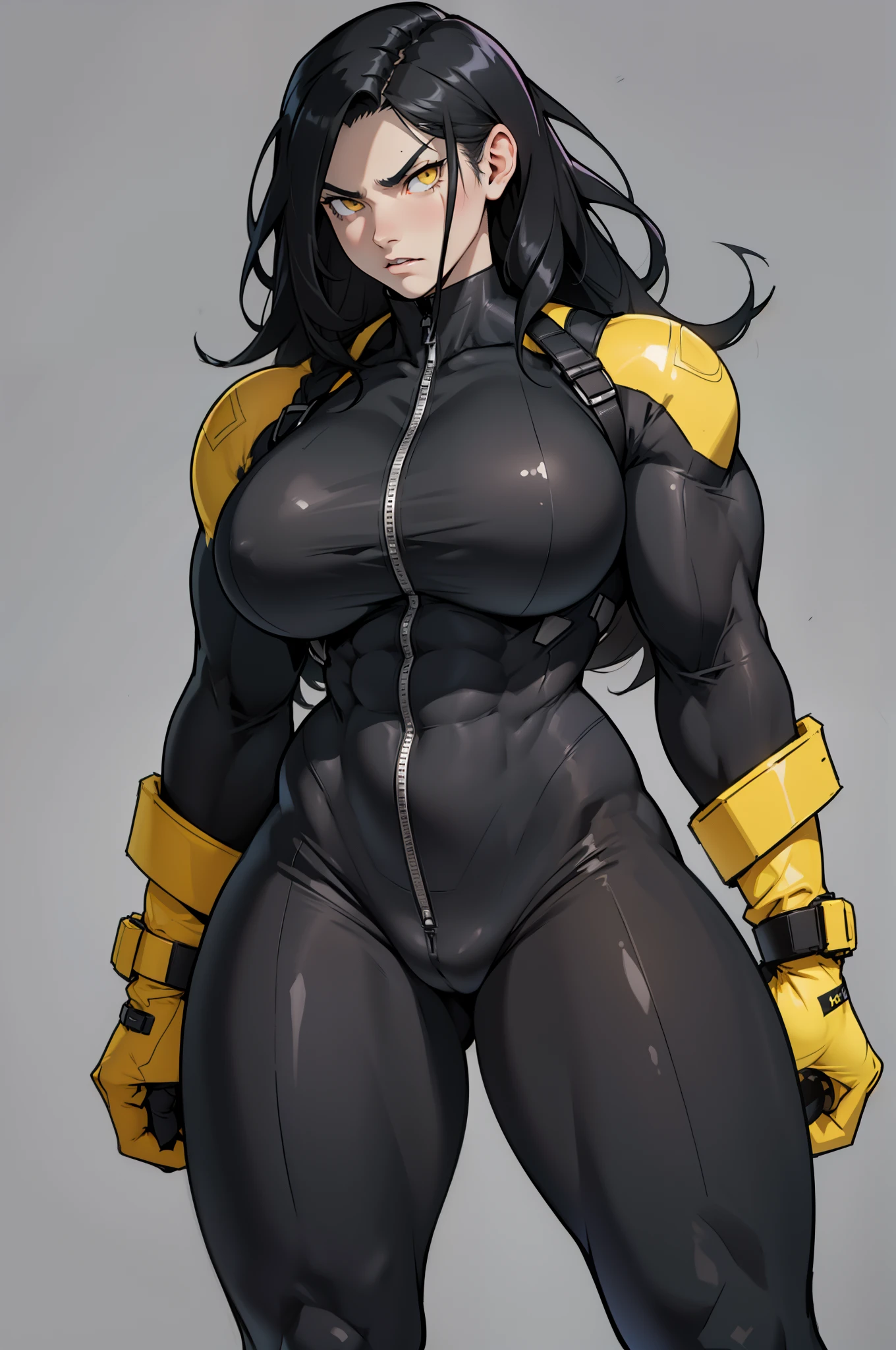 ((grey background)), solo, ((((1 girl)))), very long hair, black hair, angry, yellow eyes, (((((muscular))))), (huge ), (thick thighs), (wide ), pale skin, standing, slick hair, ()