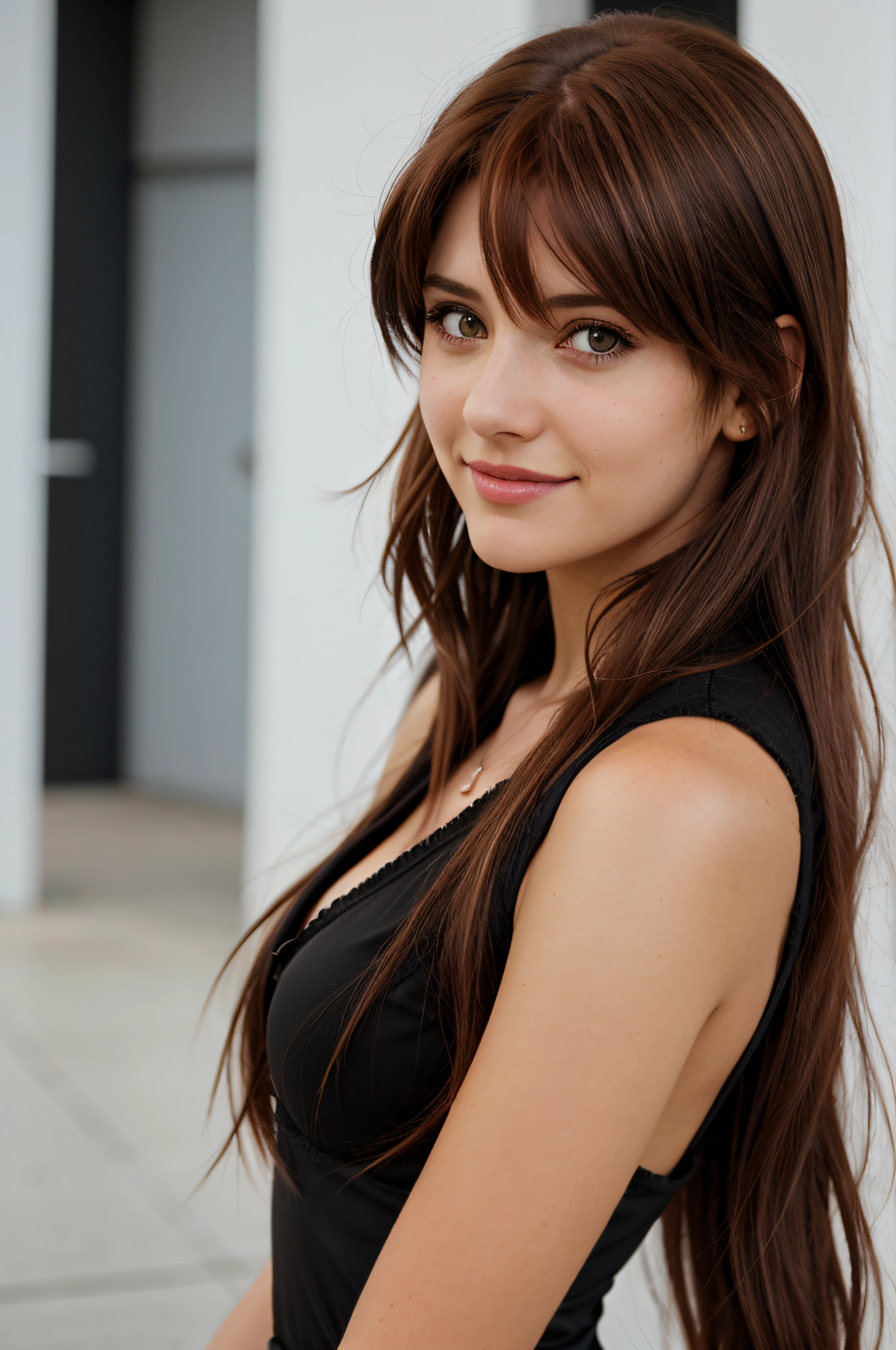 1mujer, (realista:0.75), brown hair, Cabello largo, ojos negros, feliz, cosplay de asuka evangelion