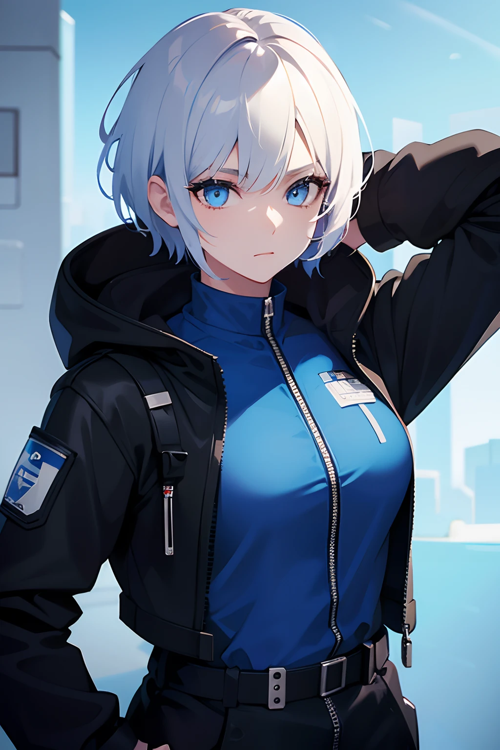 1girl, short white hair, blue eyes, black mechanic jumpsuit, simple background, cyberpunk, futuristic, sci-fi