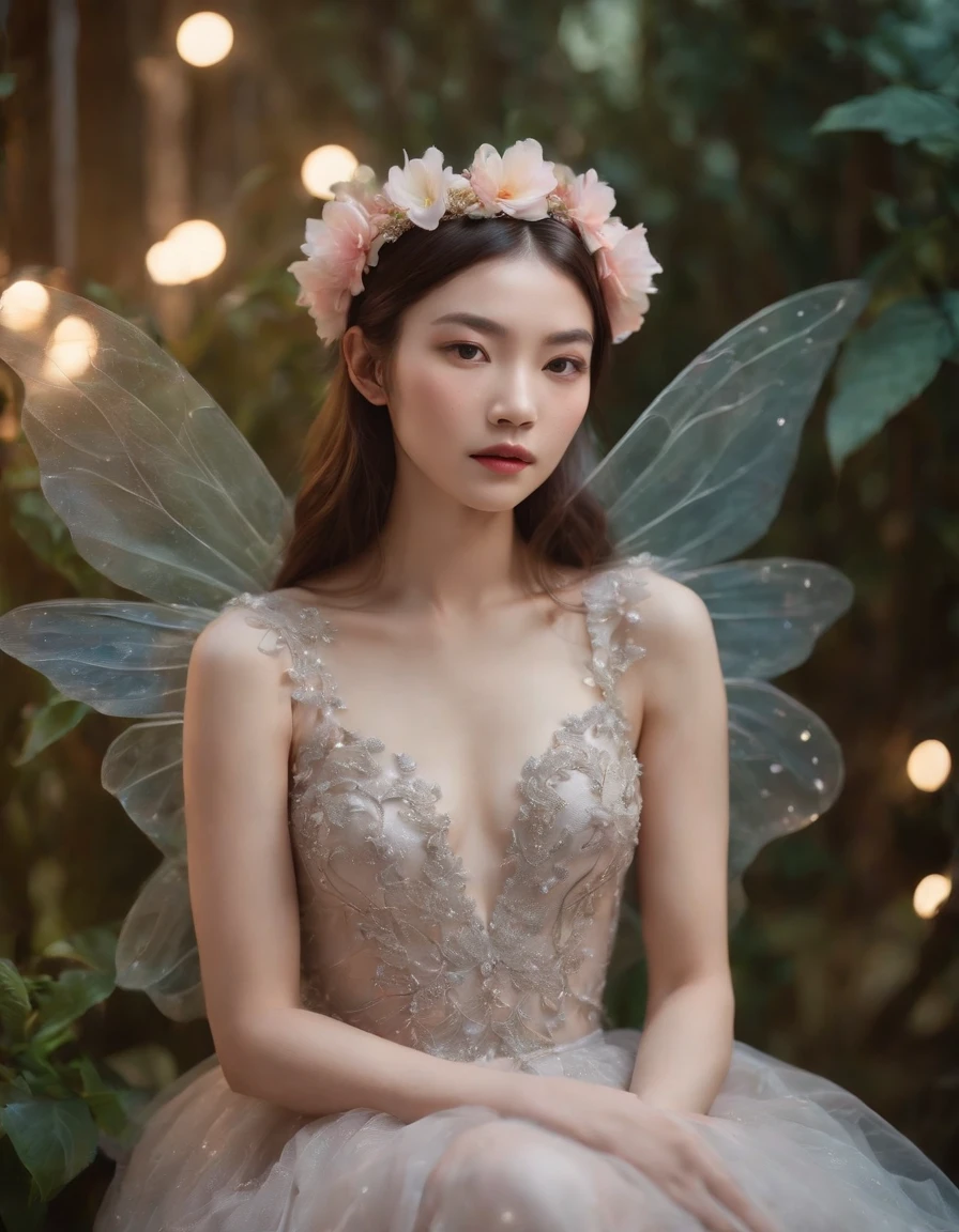 color photo of a mysterious flower fairy with transparent colorful wings, ((( asian girl ))), sitting in a divine light, with neon lights, holding a magic wand,axial symmetry, and a magnificent background,silver dress, high heels, flower crown, starry sky background, serene and enigmatic expression, Nikon Z7 II camera, Fujifilm Velvia 50 film, 50mm lens, high saturation, Tim Walker, David LaChapelle, Sofia Coppola, Valentino, Alexander McQueen,((close-up))